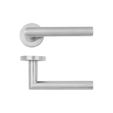 Duane Premium Handle, Lever on Round Rose In Satin Stainless Steel Handle